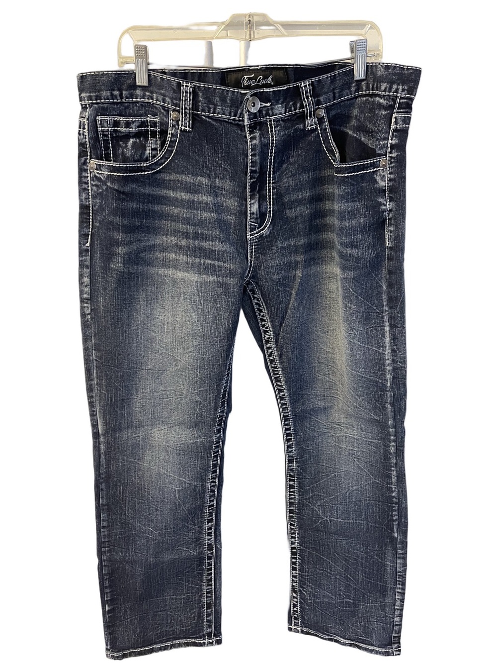 True Luck Men’s Jeans Size 36x29 Blue Mid Rise Embroidered 5 Pockets VGC